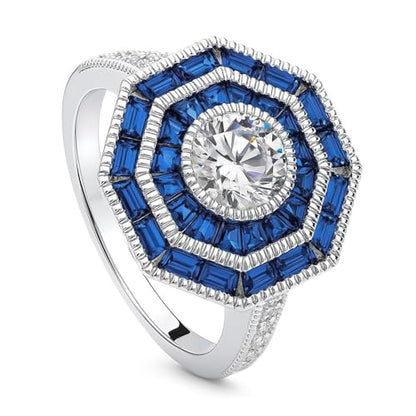 BERRICLE Sterling Silver CZ Art Deco Statement Cocktail Ring for Women, Sapphire-Blue Cubic Zirconia - Navette, Octagon, Oval Designs - style: Octagon