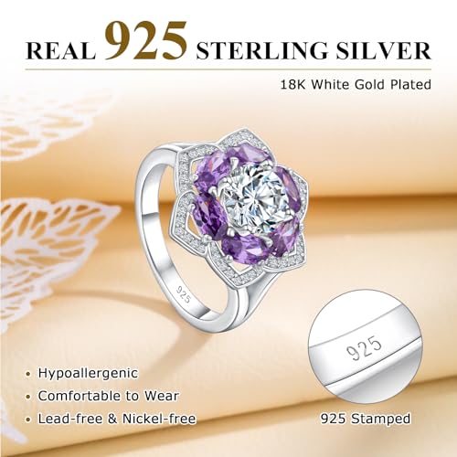Flower Cocktail Ring for Women Stone Engagement Anniversary Rings | Sterling Silve|Hypoallergenic|Ruby|Sapphire|Emerald|Wedding and Birthday Party Women Statement Ring|Mother and Grandma Gift - color: Amethyst (Feb.)