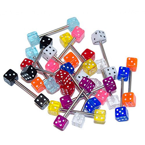 Dice Tongue Rings Barbells 14G Surgical Steel Barbell Acrylic Lot of 10