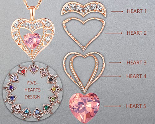 5 Heart I Love You Necklace for Women, Birthstone Crystal Pendant, Birthday Gift for Her, Wife, Mom, Rose Gold or Gunmetal Plated, 925 Sterling Silver Chain 18"+2" - color: 10-October-Pink Tourmaline Quartz Rose-Rose Gold Plated