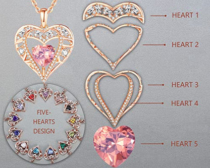 5 Heart I Love You Necklace for Women, Birthstone Crystal Pendant, Birthday Gift for Her, Wife, Mom, Rose Gold or Gunmetal Plated, 925 Sterling Silver Chain 18"+2" - color: 10-October-Pink Tourmaline Quartz Rose-Rose Gold Plated