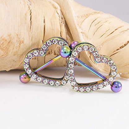 14G Stainless Steel CZ Paved Heart Nipple Rings Nipple Piercing Jewelry for Women 7/8 Inch 22mm - color: Rainbow - Clear CZ