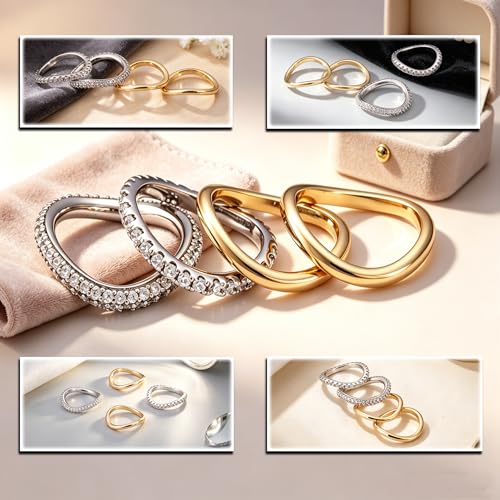 Stackable Gold Rings for Women Wavy Band Mixed Metals Dainty 14K Gold Plated Cubic Zirconia Wedding Ring Set Minimalist Promise Engagement Eternity Ring Stack Jewelry Size 5-11
