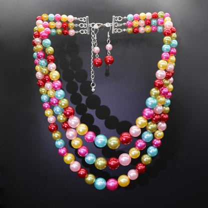 Chunky Layered Imitation Pearl Necklace for Women 3 strand Pearl Necklaces Faux Pearl Necklace Earrings Set 1920s Flapper Gatsby Costume Accessories - color: Colorful Delight