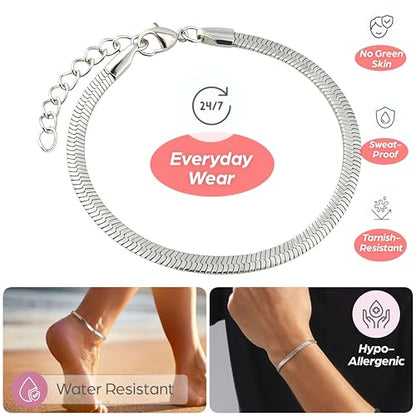 Waterproof 14K Gold Over Herringbone Chain Bracelet Anklet for Women and Men, Ankle Bracelet Premium Solid Stainless Steel (Silver) - size: 7 Inch, style: WIDTH - 4 MM