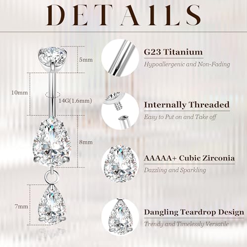 14G G23 Pure Titanium Dangle Belly Button Ring for Women Dangling CZ Navel Ring Teardrop Curved Barbell Belly Rings Internally Threaded Belly Piercing Jewelry - color: Silver
