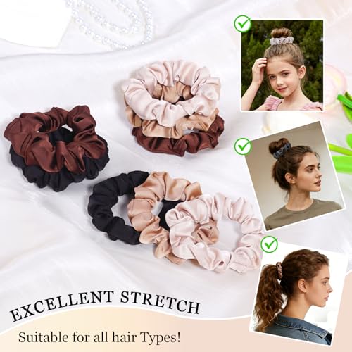 Ultra-Petite Satin Scrunchies for Women – 8PCS Neutral No Damage Hair Ties (Black, Blonde, Dark Brown, Light Brown) – No Crease, Frizz-Free, Gentle Elastic Bands for Day & Night, Perfect Gifts - color: Small-Neutral