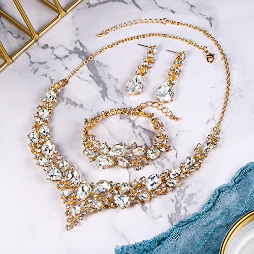 Wedding Bridal Jewelry Set for Women Bride Bridesmaids | Gorgeous Austrian Crystal Teardrop Cluster Statement Necklace Dangle Earrings Link Bracelet Set Prom Jewellery - color: 07-Clear Gold-Plated-Base
