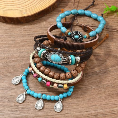 Western Outfits for Women Turquoise Western Bracelets Bohemian Vintage Stackable Beaded Leather Bracelets Adjustable Hand-woven Layered Bracelet Western Country Concert Jewelry for Women - style: Turquoise Teardrop