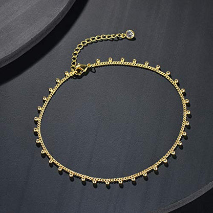 LOYATA Dainty Ankle Bracelet,14K Gold Plated Tiny Bead Anklet Dainty White Cubic Zirconia Cross Tassel Foot Chain Cute Lucky Moon Evil Eye Foot Jewelry Boho Anklets for Women - color: Bead A