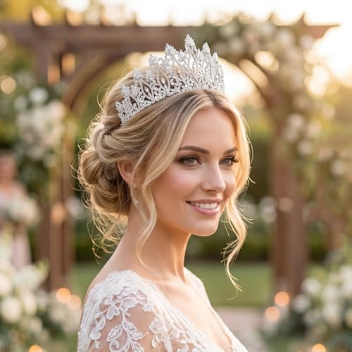 QXMYOO Luxury Wedding Tiaras for Bride Cubic Zirconia Big Tall Crown Quinceanera Crystal Headband for Women CZ Pageant Birthday Prom Party Headpiece Bridal Hair Accessories Silver - color: Silver