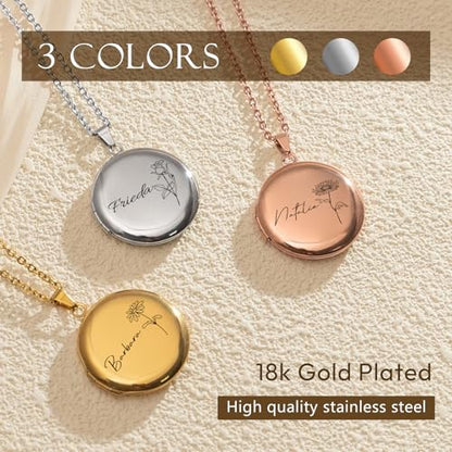 Personalized Heart Locket Necklace Customize Photo 925 Sterling Silver Picture Locket Necklace for Women Girls kids Engraved Birth Flower and Text Birthday Christmas Gifts for Women Girls Kids - color: Circle Silver