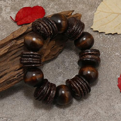 Caiyao Bohemian Wooden Round Beaded Chunky Stretch Bracelet Ethnic Boho Bangle Coconut Husk Beads Jewelry Wood Elastic Wristband for Women