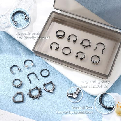 Besteel Hypoallergenic Septum Rings 16G 8mm Surgical Steel Clicker Nose Rings Hoops Set Small Lip Cartilage Helix Daith Piercing Jewelry for Women Men 16 Pcs Gold Silver Black - color: Black