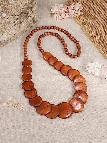 COLORFUL BLING Natural Chunky Wooden Beads Statement Necklace Boho African Tribal Collar Choker Bib Necklace Hippie Vacation Jewelry for Unisex Men Women - color: long brown