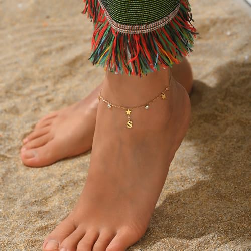 Initial Anklet for Women, 18K Gold Plated Waterproof Ankle Bracelet, Star CZ Letter A-Z Personalized Beach Foot Jewelry - color: B