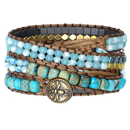 JR.DM Boho Beaded Bracelets for Women - Handmade Adjustable Crystal Natural Stone Bead Wrap Bracelets, Bohemian Jewelry Braided for Unique Birthday Gifts - color: A5 Turquoise