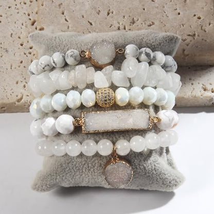 Yomisa 5PCS 6PCS Natural Boho Beaded Bracelets/Bangle for Women Men,Healing Turquoise Jasper Agate Crystal Gemstone Stone Chakra Multilayer Wrap Bohemian Handmade Jewelry Beads Stretch Bracelet Set - color: 5PCS-White