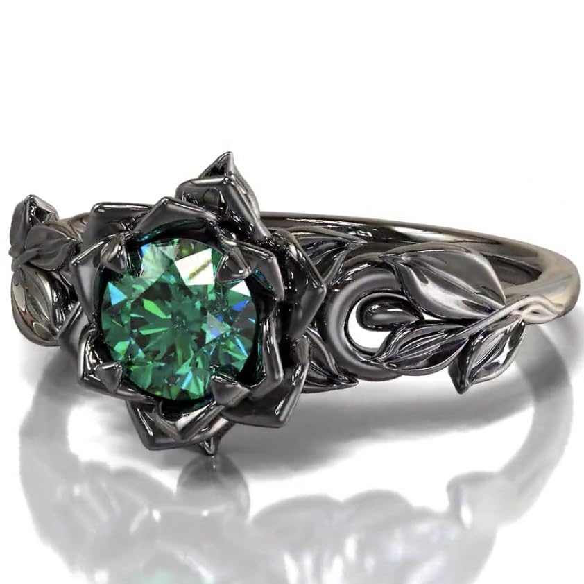 Cubic Zirconia Rings For Women, Gothic Ring Black Flower Crystal Stackable Trendy Floral Eternity Travel Engagement Statement Wedding Birthday Jewelry Gift - color: Goth Black Green