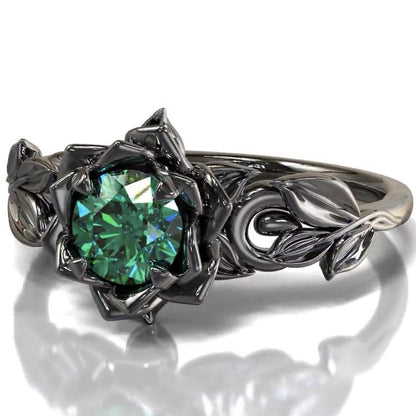 Cubic Zirconia Rings For Women, Gothic Ring Black Flower Crystal Stackable Trendy Floral Eternity Travel Engagement Statement Wedding Birthday Jewelry Gift - color: Goth Black Green