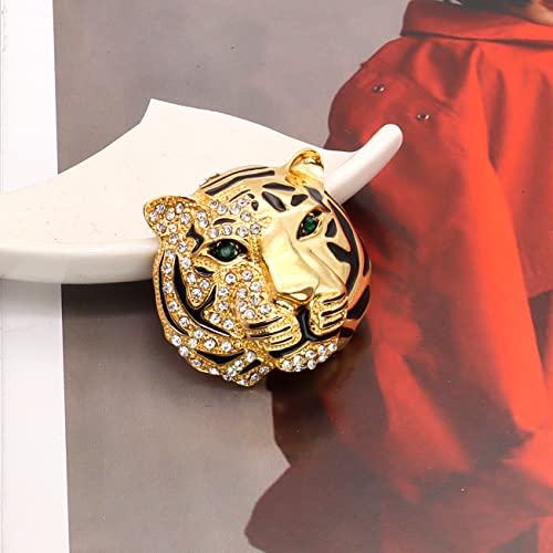 Rhinestone Tiger Head Brooch Pins.Gold Silver Animal Lapel Pin,Charm Lion Coat Collar Brooch for Men Suit Pin - color: Gold