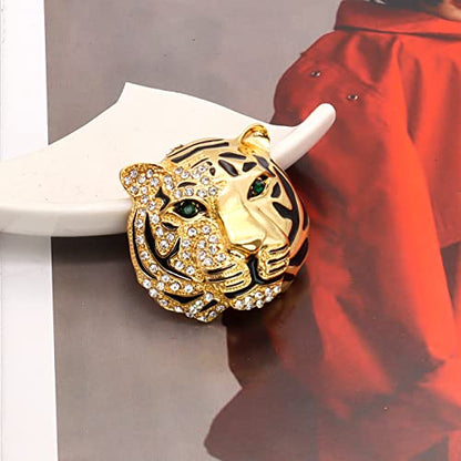 Rhinestone Tiger Head Brooch Pins.Gold Silver Animal Lapel Pin,Charm Lion Coat Collar Brooch for Men Suit Pin - color: Gold