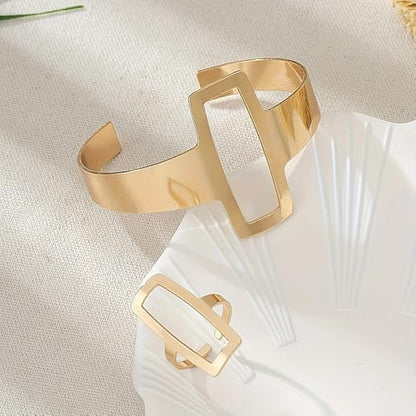 GIGB PBDK Chunky 14K Gold Ring Bracelet Set Punk Exaggerated Open Cuff Bracelets Geometric Simple Hollow Rectangle Ring Jewelry Set Presents for Women Wife
