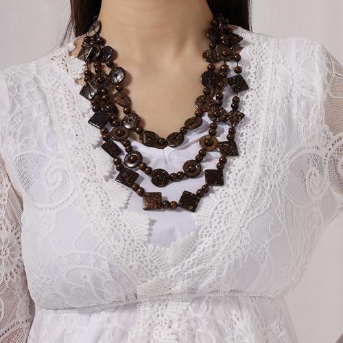Wood Beads Necklace & Earrings for Women Chunky Multi-Layering Choker Necklace Ear Pendant - color: Multilayer
