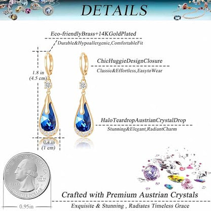 Trendy Austrian Crystal Teardrop Drop Huggie Dangle Earrings for Women 14k Rose Gold Plated Hypoallergenic Jewelry Gifts - color: Blue