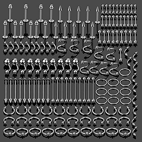 BodyJ4You 120PC Body Piercing Jewelry Kit - CBR BCR Rings Barbells Studs Screws Curved Bars - Belly Button Cartilage Tragus Nose Septum Tongue - 14G 16G 18G 20G Stainless Steel Random Bulk Set - color: 120PC Basic Jewelry