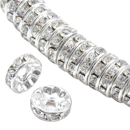100Pcs Rondelle Spacer Beads Round Crystal Charms Czech Rhinestone Silver Plated Spacer Loose Beads for DIY Bracelet Necklace Jewelry Making Supplies (6MM, White) - color: White, size: 6MM