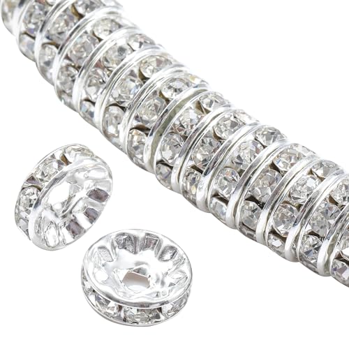100Pcs Rondelle Spacer Beads Round Crystal Charms Czech Rhinestone Silver Plated Spacer Loose Beads for DIY Bracelet Necklace Jewelry Making Supplies (6MM, White) - color: White, size: 6MM