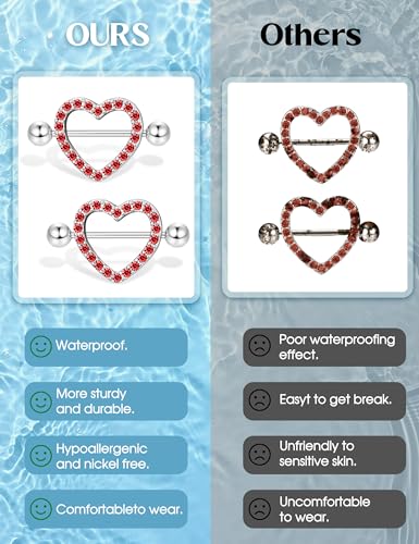 JOERICA 6 Pairs 14G Nipple Rings for Women 316L Stainless Steel Heart Butterfly Moon CZ Flower Barbell Nipple Rings Set Cute Nipplerings Piercing Jewelry - color: Red Tone