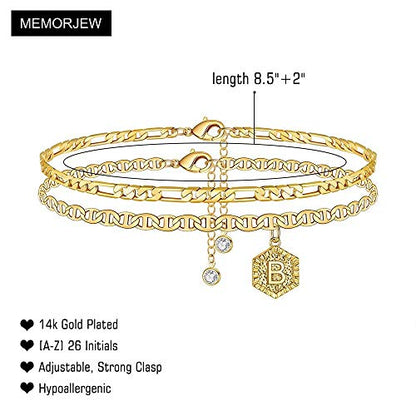 Memorjew Ankle Bracelets for Women, 14K-Gold-Plated Initial A-Z Anklet | Figaro Chain Layered 14K-Gold-Plated Hexagon Letter Anklets for Women, Summer Foot Chain Jewelry Gifts, Ankle Bracelets Gifts - style: B-Gold-Plated