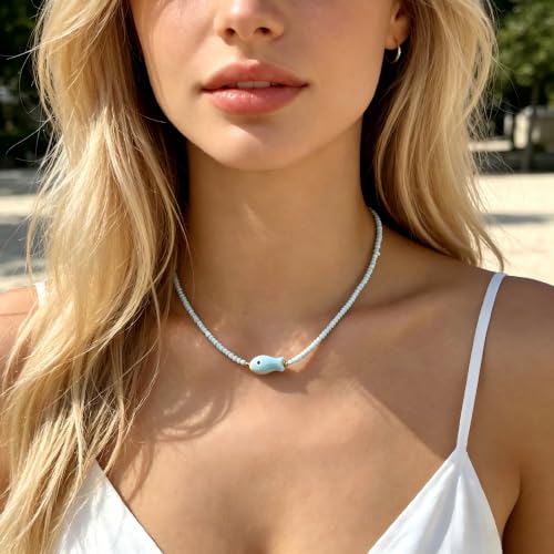 Seed Bead Choker Necklace for Women Bohemian Tiny Beads Choker Colorful Rice Bead Starfish Choker Summer Surfer Beach Necklace Jewelry Gift - color: E-Light Blue Fish