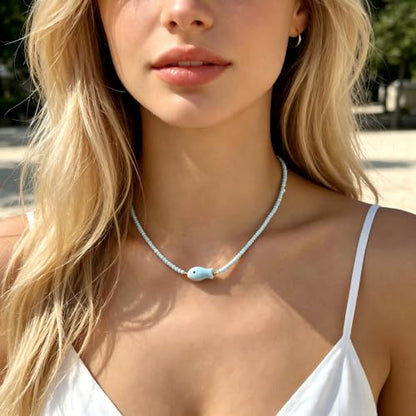 Seed Bead Choker Necklace for Women Bohemian Tiny Beads Choker Colorful Rice Bead Starfish Choker Summer Surfer Beach Necklace Jewelry Gift - color: E-Light Blue Fish