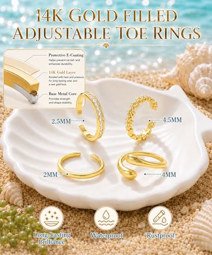 4Pcs Toe Rings for Women Non Tarnish 14K Gold Filled Toe Ring Adjustable Flower CZ Band Wave Dainty Toe Ring Summer Beach Open Toe Rings Set Waterproof Toe Jewelry Foot Jewelry - color: Gold flower