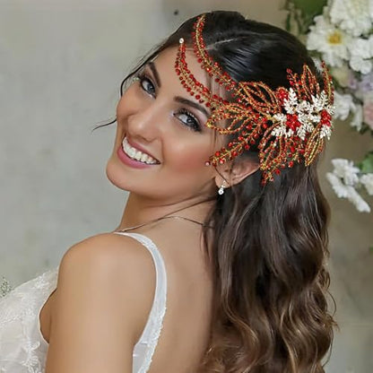 Women's Handmade Rhinestone Wedding Head Pieces | Crystal Bridal Hair Clips, Silver & Gold Wedding Party Hair Accessories - color: Red