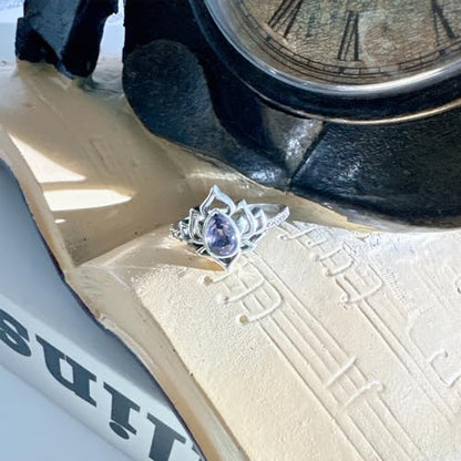 Lotus Ring for Women - Zircon Inlaid Flower Promise Ring - My Trauma Inspirational Statement Floral Jewelry Gift - color: purple