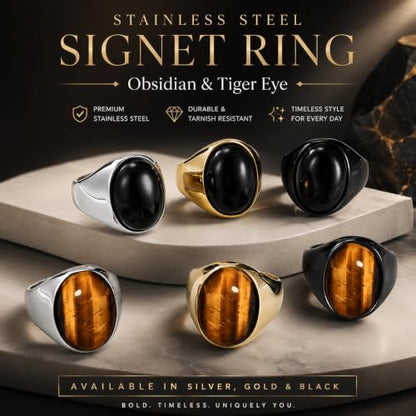 Stainless Steel Tiger Eye Obsidian Ring for Men Women, Oval Stone Signet Ring, Gold Silver Black Tone Stainless Steel Statement Jewelry Gift for Daily Wear - color: Black Obsidian