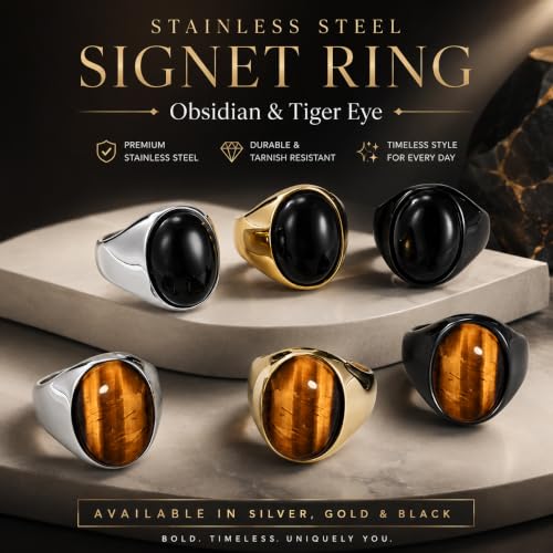 Stainless Steel Tiger Eye Obsidian Ring for Men Women, Oval Stone Signet Ring, Gold Silver Black Tone Stainless Steel Statement Jewelry Gift for Daily Wear - color: Black Tiger Eye Stone