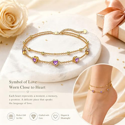 Midari 18K Yellow Gold Gemstone Birthstone Anklet Bracelet Heart Jewelry with 12 Months Birthstone Birthday Gifts for Women Wife Her Daughter Mom - color: 02-Feb-Amethyst, size: Anklet 9"-11"