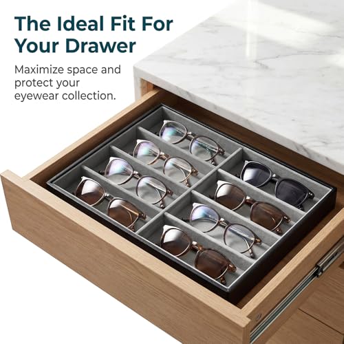 Stratalife 8 Grids Drawer Sunglasses Organizer Tray, Gray PU Velvet | Stackable Eyeglasses Storage Case with Removable Dividers, Jewelry Display Case for Necklace Bracelet, 13.78x9.5x1.2inch - color: Grey-02