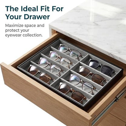 Stratalife 8 Grids Drawer Sunglasses Organizer Tray, Gray PU Velvet | Stackable Eyeglasses Storage Case with Removable Dividers, Jewelry Display Case for Necklace Bracelet, 13.78x9.5x1.2inch - color: Grey-02