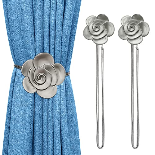 Lewondr Magnetic Curtain Tiebacks, Flower Vintage Curtain Holdbacks, Gray | 1 Pair, Resin Curtain Ties with Rope Drapery Retro Window Curtain Decorative Buckle Holder for Outdoor, Home, Cafe Balcony - color: Gray Camellia, size: 2 Pieces