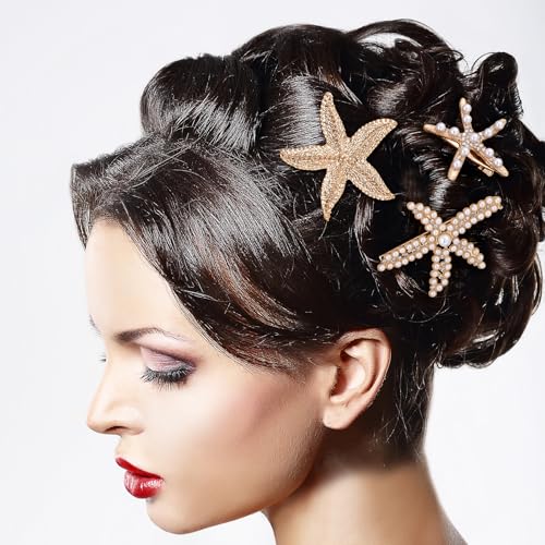 PAGOW 3 PCS Starfish Hair Clips, 3 Styles Gold Rhinestone Pearls Hair Clips, Faux Pearl Crystal Sea Star Wedding Headpiece Hair Accessories For Women Bride - color: 3pcs-gold,style3