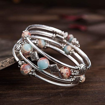 Beaded Pearl Bangle Wrap Bracelet - Fashion Bohemian Jewelry Multilayer Charm Bracelet with Thick Silver Metal Beads, Gift For Women - color: King Green