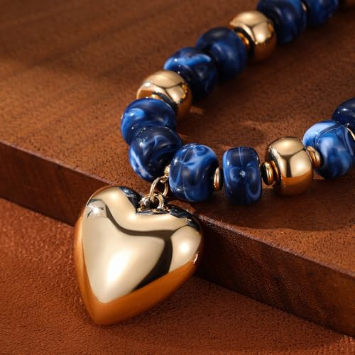 Resin Chunky Colorful Beaded Necklace | Adjustable Boho Statement Necklace,Summer Beach Party Jewelry - color: Heart+Blue