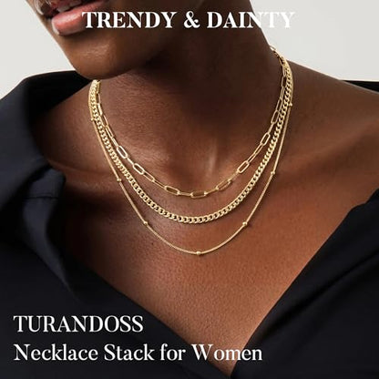 Turandoss Layered Necklaces for Women, 14K Gold Plated Chain Necklace Stack | Non Tarnish Gold Necklaces for Women, Toggle Clasp Herringbone Rope Satellite Cuban Link Chain Necklace, Trendy Jewelry Gifts - color: paperclip+cuban link+satellite