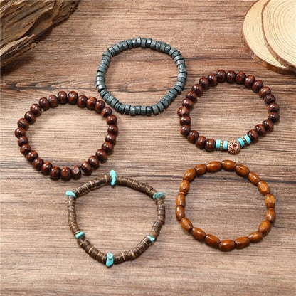 Wooden Beads Stretch Bracelet Multi-Layered Stretch Bracelet for Women Men Elastic Bracelet 5pcs - color: A-03